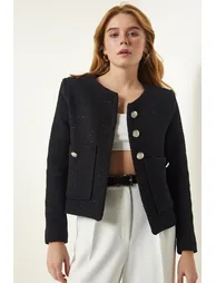 Women's Black Wide Pocket Stylish Woven Jacket