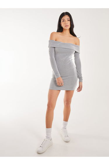 Two Tone Rib Bardot Mini Dress
