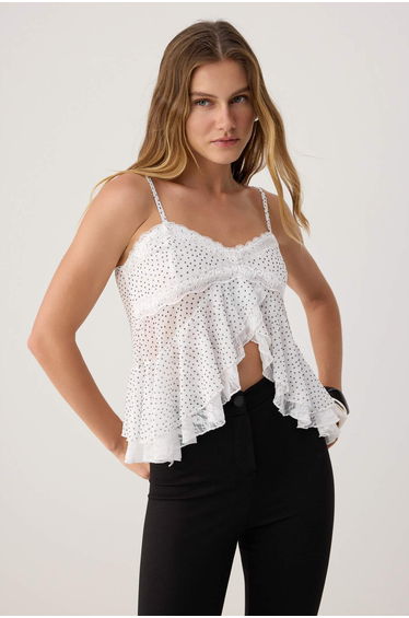 Multi-Colored Fitted V-Neck Thin Strap Ruffle Detailed Sleeveless Tulle Knitted Blouse