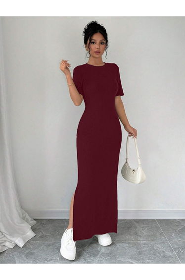 Burgundy Short Sleeve Bodycon Maxi Dress