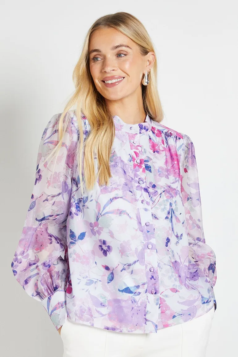 قميص واليس أزرق بطبعة أزهار بأكمام طويلة - للمقاسات الضيقة - 1