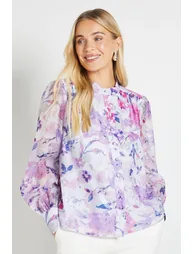 قميص واليس أزرق بطبعة أزهار بأكمام طويلة - للمقاسات الضيقة - 1