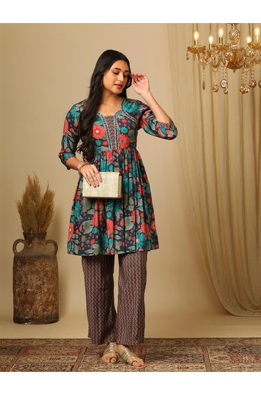 All-Over Floral Print Embroidered Tunic and Elasticated Chevron Print Trouser Co-Ords