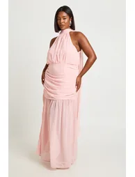 Plus Halter Neck Scarf Detail Flared Skirt Maxi Dress - baby pink - 2
