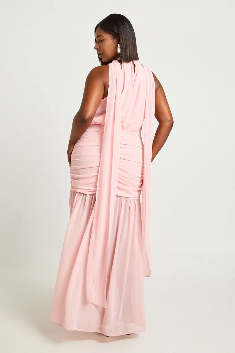 Plus Halter Neck Scarf Detail Flared Skirt Maxi Dress - baby pink - 1
