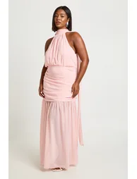 Plus Halter Neck Scarf Detail Flared Skirt Maxi Dress - baby pink