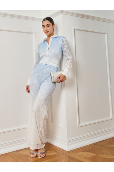 Women Light Blue Wide Leg Lace Trousers