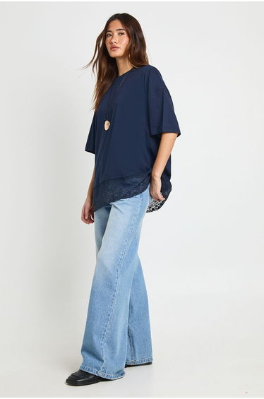 Oversized T-shirt with Lace Hem Trim - navy