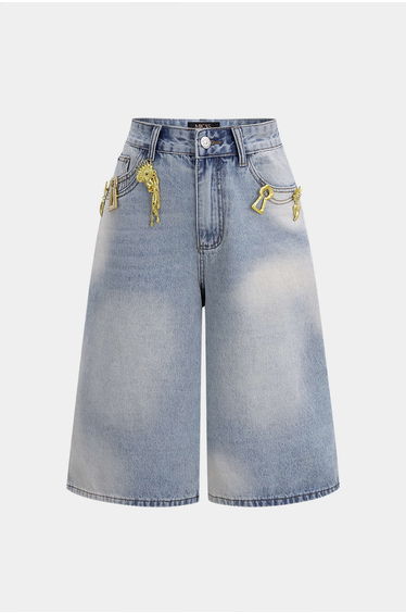 Denim Metallic Decor Wide Leg Shorts