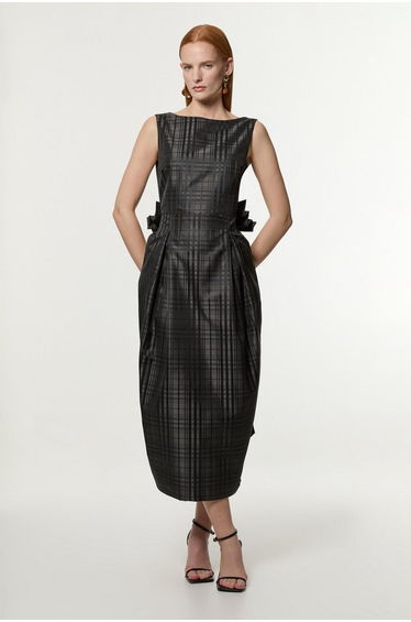 Taffeta Check Bow Detail Tailored Midaxi Dress
