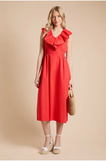 Frill Neckline Lace Detail Midi Dress