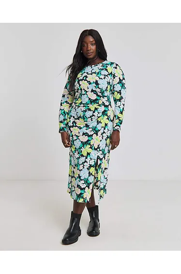 Floral Print Ruched Front Midi Dress