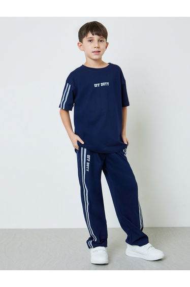 Boys Navy Blue Graphic Print Oversized T-Shirt and Striped Joggers Set