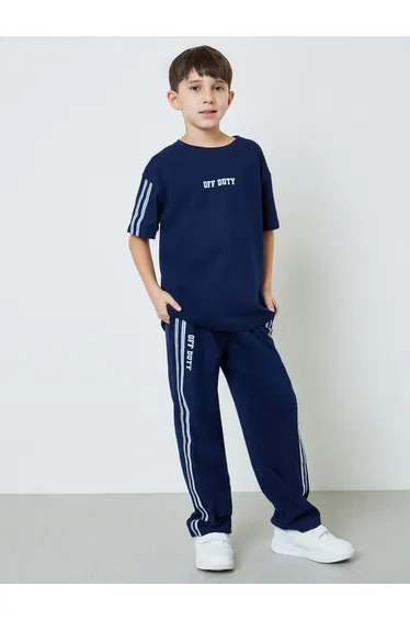 Boys Navy Blue Graphic Print Oversized T-Shirt and Striped Joggers Set