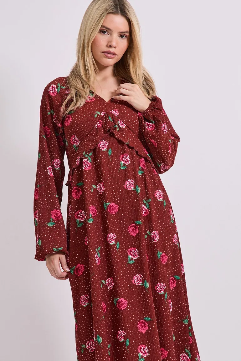 Floral Empire Seam Frill Detail Jersey Midi Dress - 1