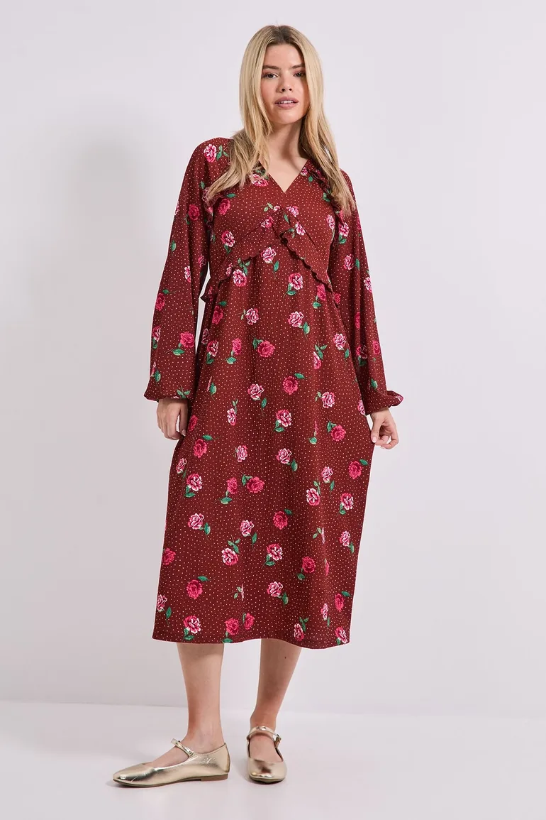 Floral Empire Seam Frill Detail Jersey Midi Dress