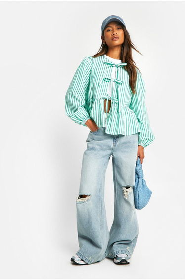 Green Stripe Tie Front Puff Long Sleeve Smock Top - green