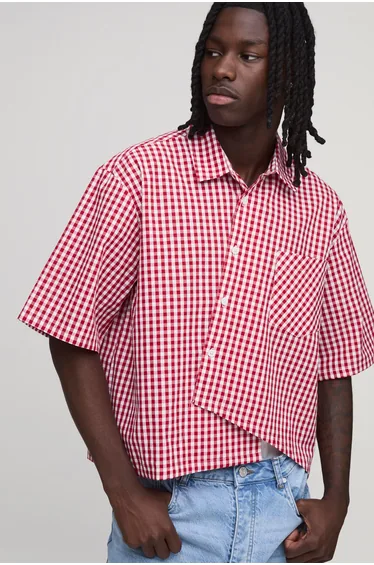 Oversized Boxy Asymmetric Gingham Shirt - red