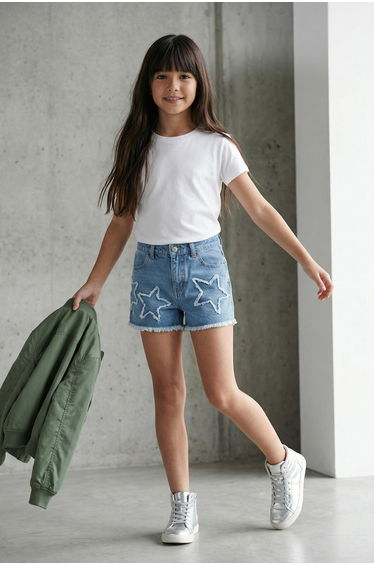 Light Blue Female Child 100% Cotton Star Detailed Denim Shorts