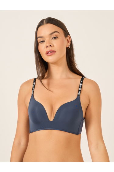 Letter Tape Strap Padded Non Wired Plunge Bra