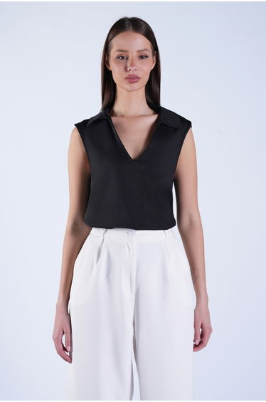 Women's Black Polo Collar Chest-Cut Sleeveless Blouse