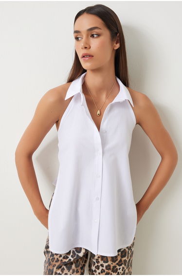 Women's White Back Tie Poplin Shirt