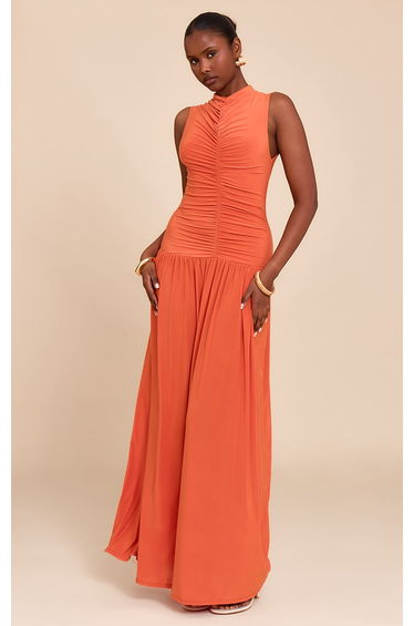 Orange Double Layer Soft Touch Drop Waist Ruched Maxi Dress