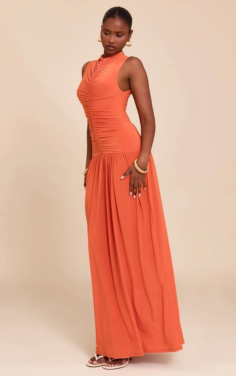 Orange Double Layer Soft Touch Drop Waist Ruched Maxi Dress  Prettylittlething Orange : Evening Dresses : VogaCloset Oman