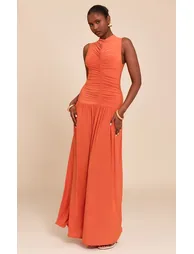 Orange Double Layer Soft Touch Drop Waist Ruched Maxi Dress - 5