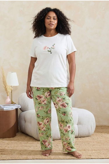 Green Floral Patterned Viscose Soft Knitted Plus Size Pajamas Set