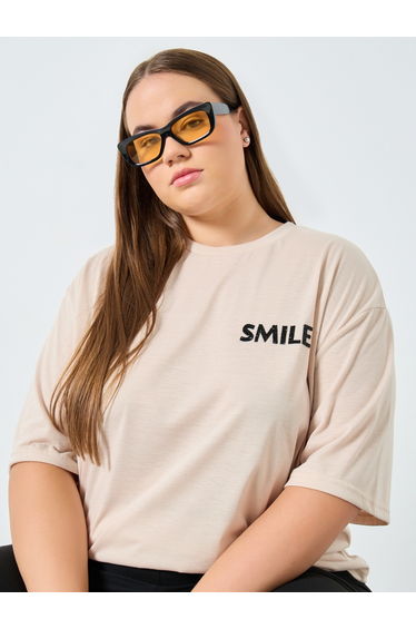 Plus Size Beige Slogan Print T-Shirt