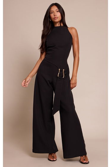 Black Woven Belt Trim Detail Straight Leg Jumpsuit