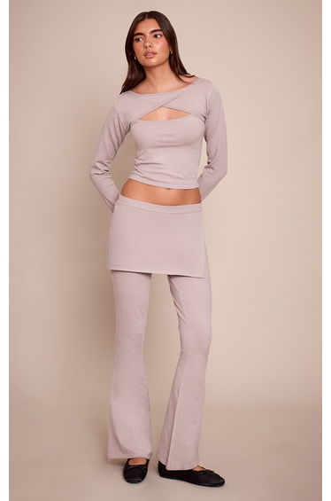 Grey Layered Detail Fine Knit Wide Leg Trouser