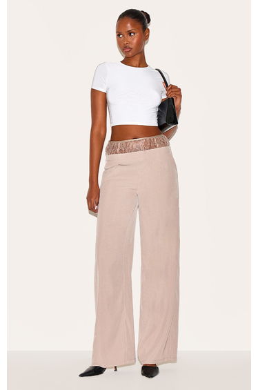 Taupe Lace Waist Detail Woven Wide Leg Trousers