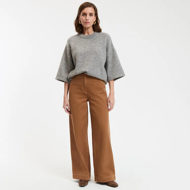 High-Waist Wide-Leg Trousers in Cotton Twill