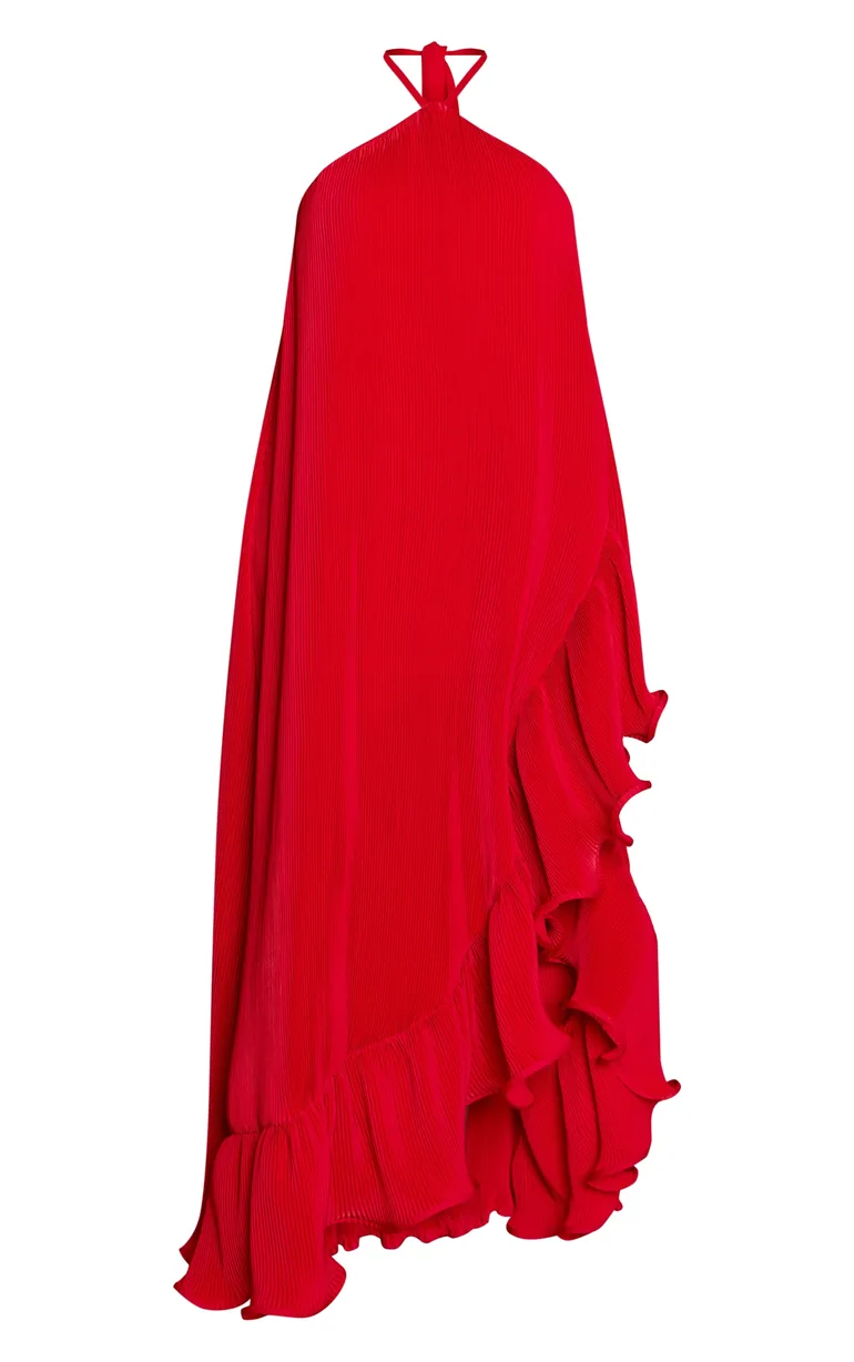 Plus Red Satin Plisse Frill Detail Maxi Dress - 4