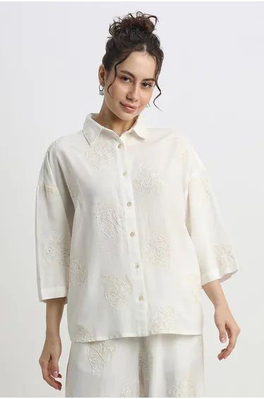 Women's Flowy Shirt  three quarter Sleeves, Embroidery Pattern