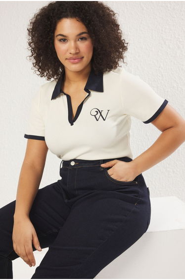 Ecru Polo Collar Contrast Color Detail Embroidered Ribbed Knitting Plus Size Blouse