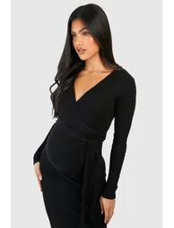 Maternity Knitted Wrap Midi Dress - black - 3