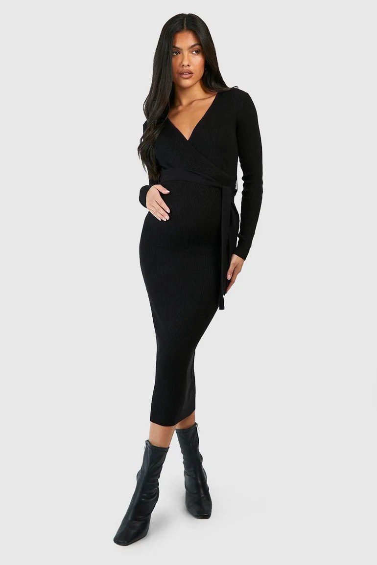 Maternity Knitted Wrap Midi Dress - black