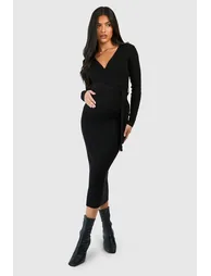 Maternity Knitted Wrap Midi Dress - black