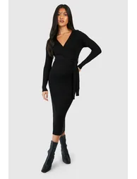 Maternity Knitted Wrap Midi Dress - black - 2