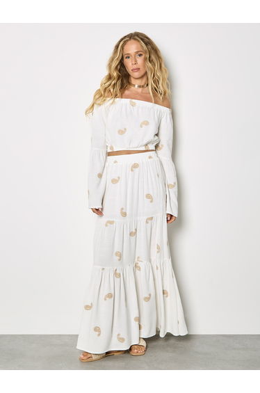 Paisley Embroidery Linen Blend Bardot Crop Top