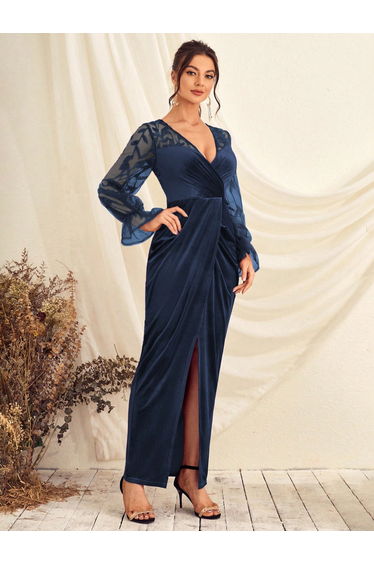 Leely V Neck Flare Sleeve Midi Evening Dress