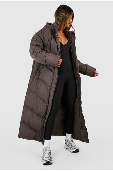 Hooded Quilt Detail Maxi Puffer