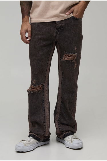 Slim Flare Washed Distressed Gusset Panel Jeans - stone