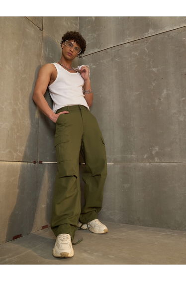 Green Twill Wide Leg Cargo Pants