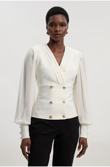 Figure Form Woven Mix Military Button Blazer Knit Top