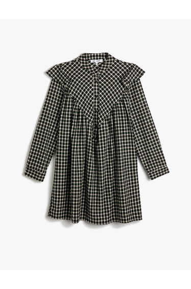 Mini Shirt Dress Ruffle Soft Touch Long Sleeve Stand-Up Neck Half Button Detail