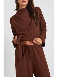 Tall Woven Drape Long Sleeve Blouse & Trouser Co-Ord - chocolate - 1